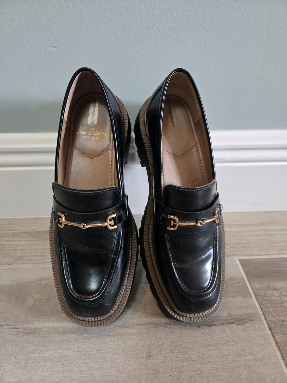 Sam Edelman Black Leather Loafers with Gold Horsebit
